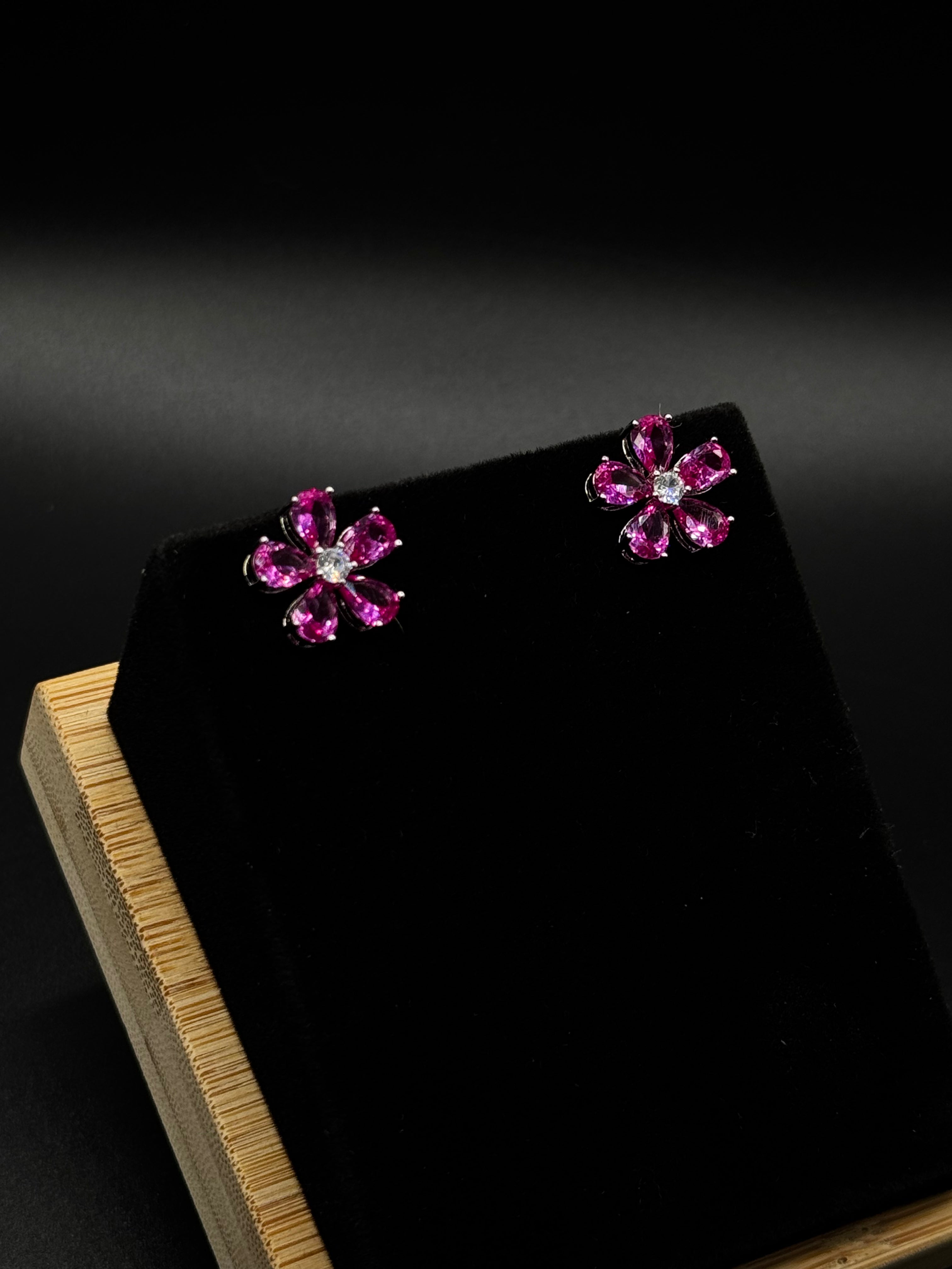 Flower Earrings with Pink Cubic Zirconia
