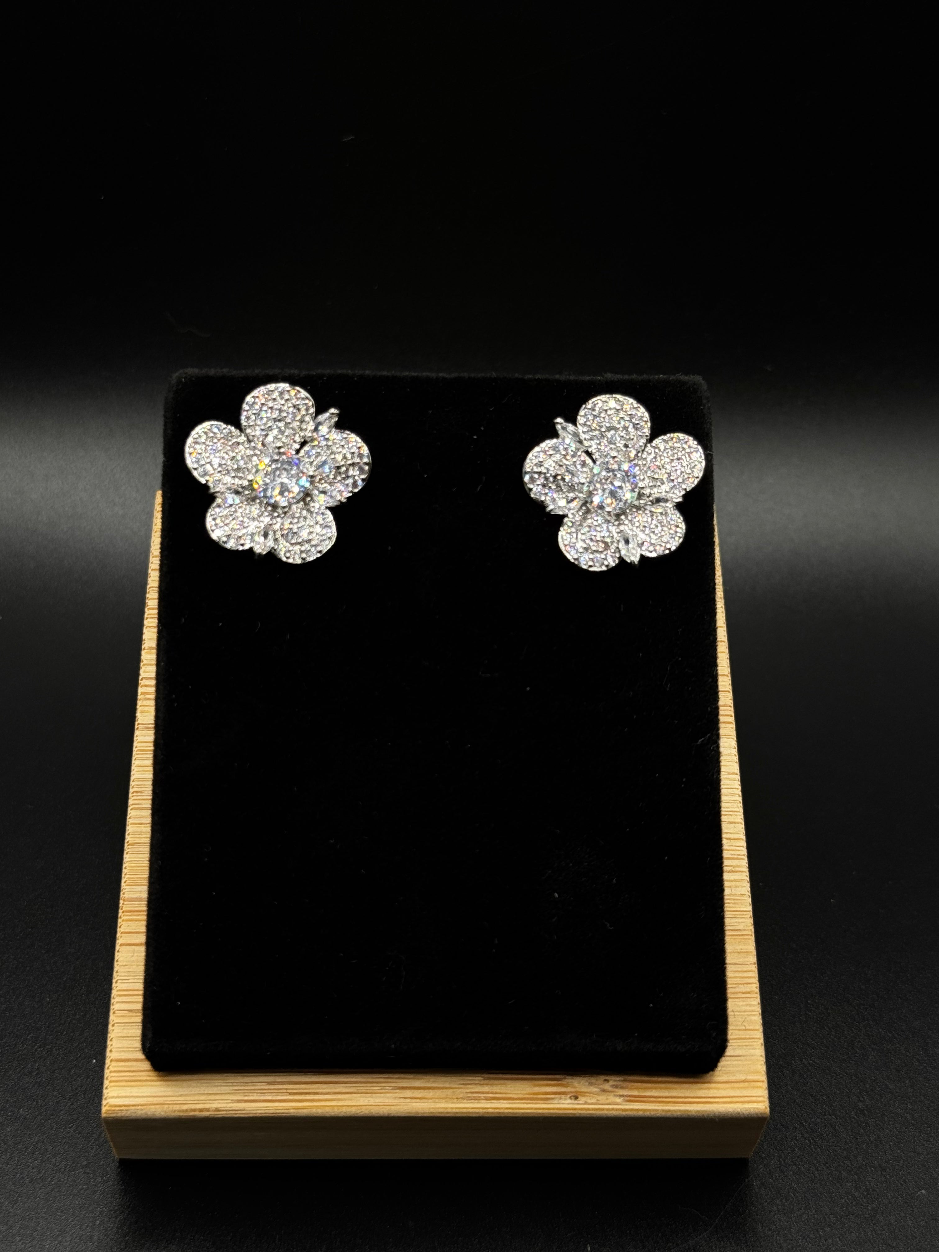 Flower Earrings Paved with Clear Cubic Zirconia