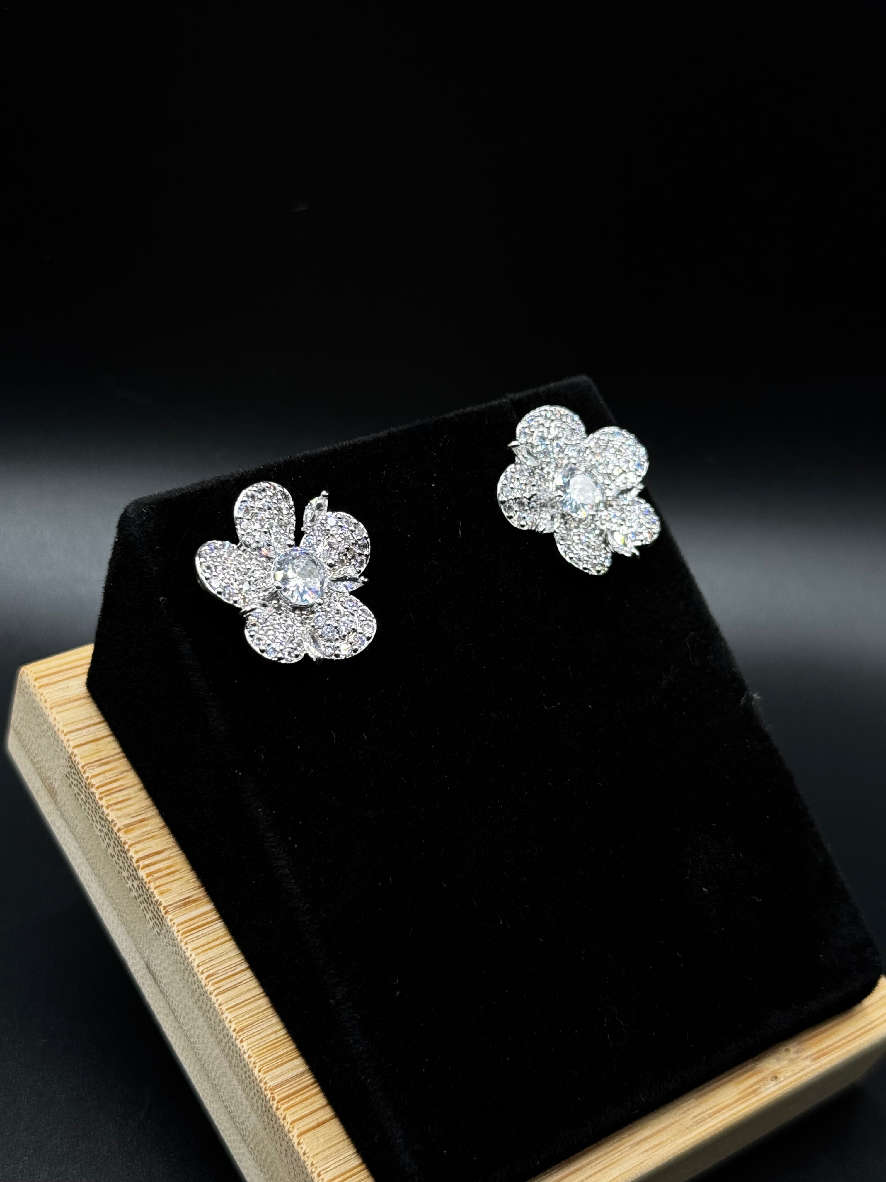 Flower Earrings Paved with Clear Cubic Zirconia