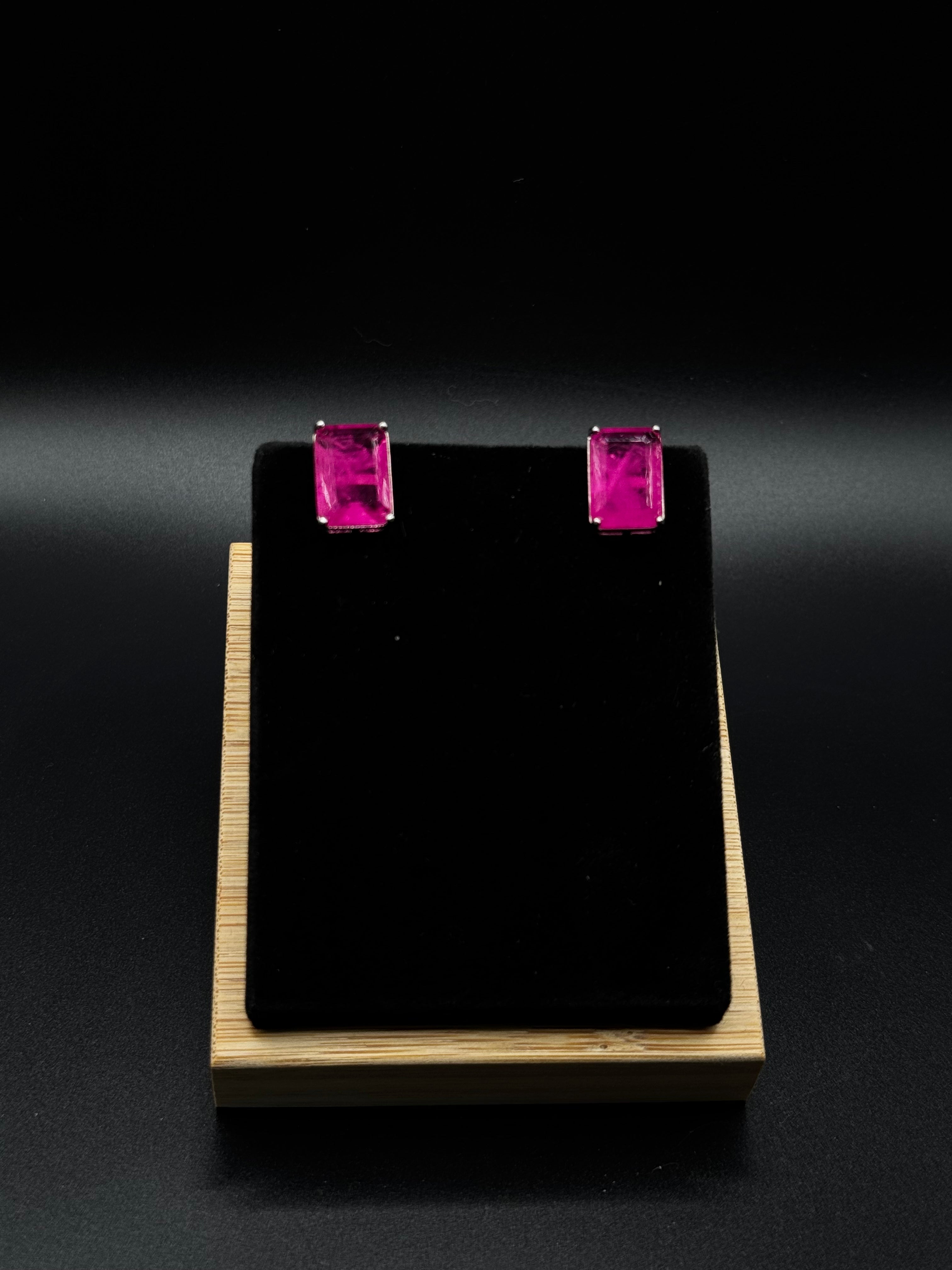 Rhodium-Plated Rectangular Earrings with Fusion Stone