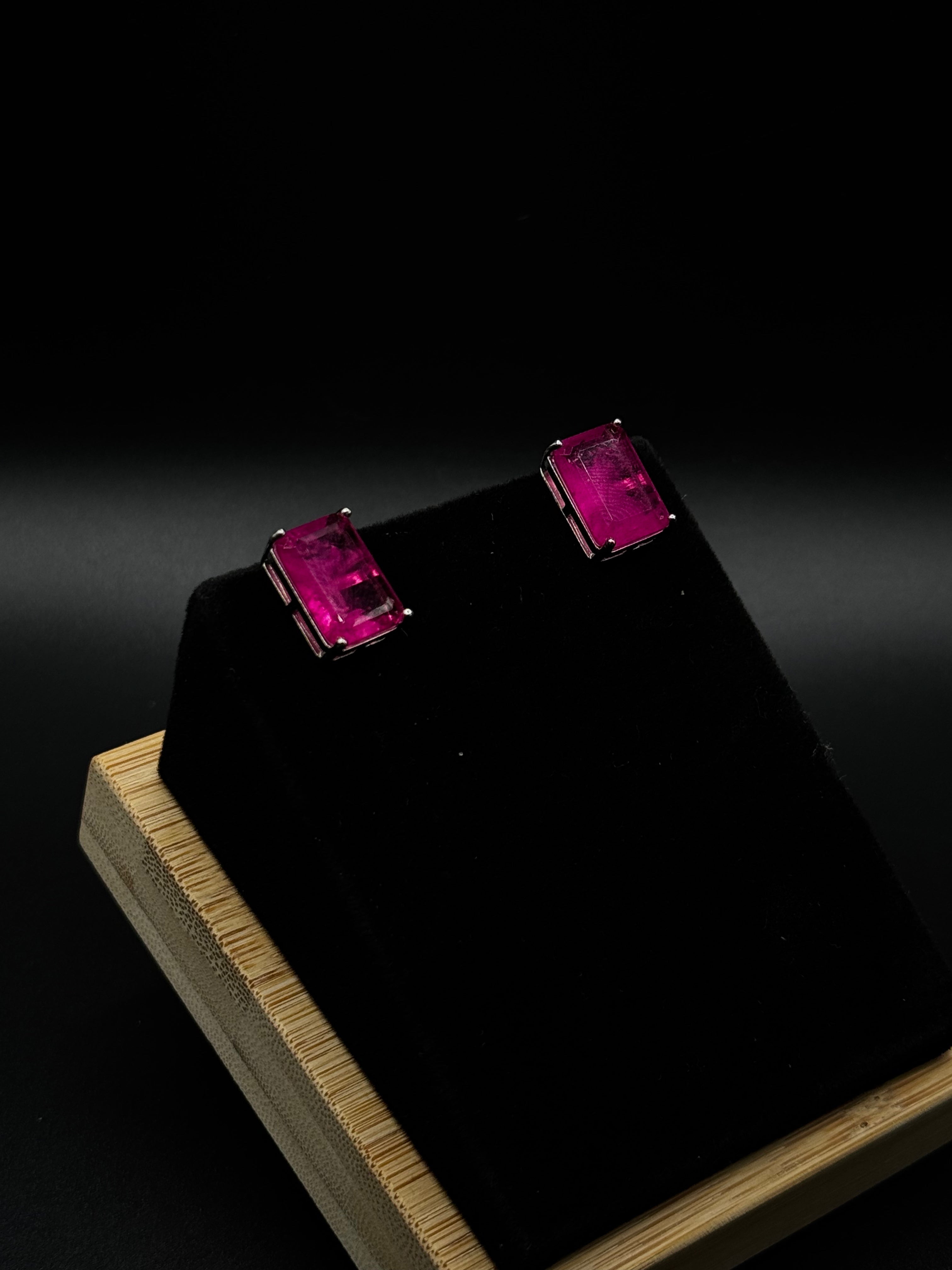 Rhodium-Plated Rectangular Earrings with Fusion Stone