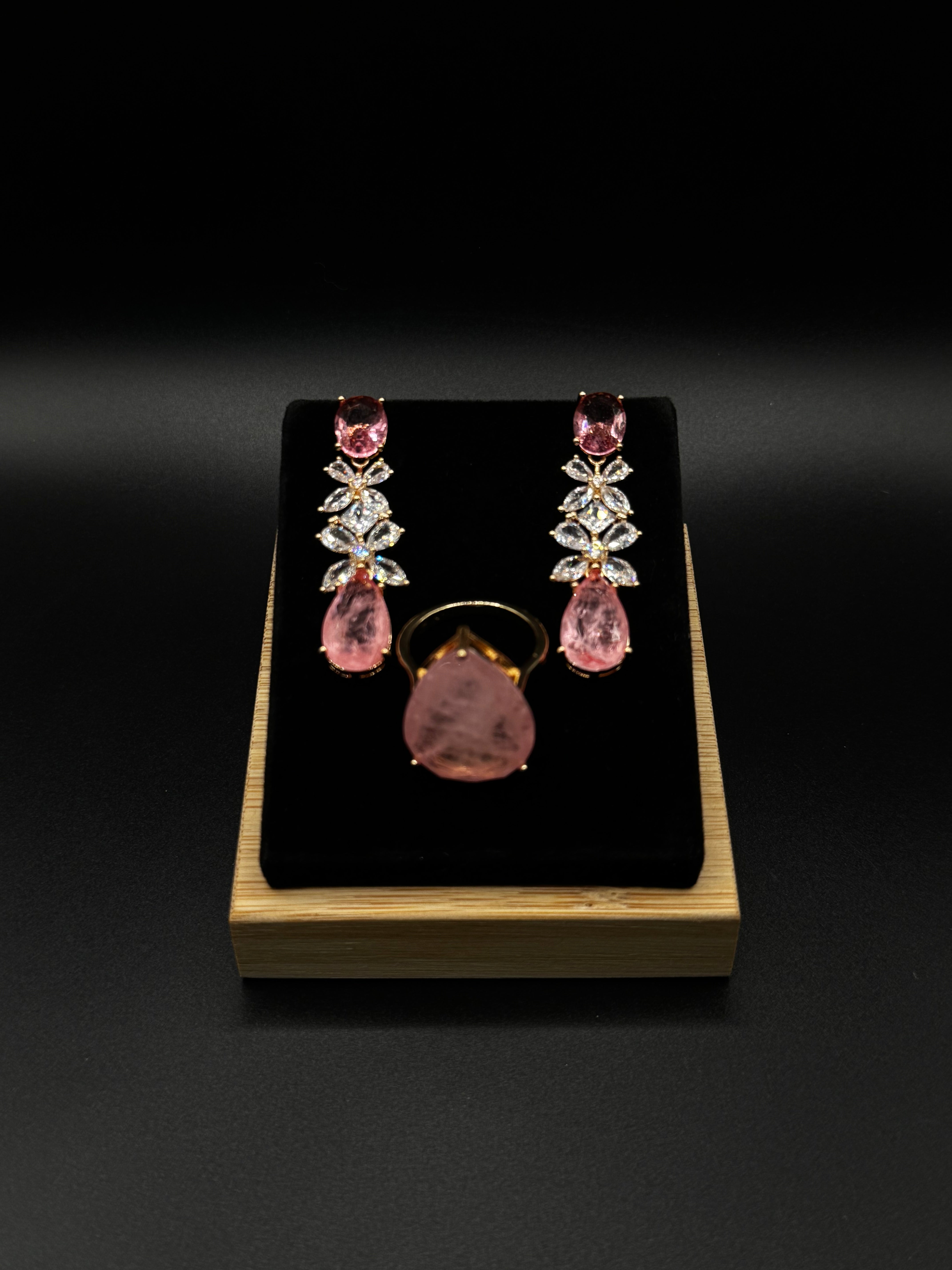 18K Gold-Plated Set with Light Pink Fusion Stone and Crystal Details