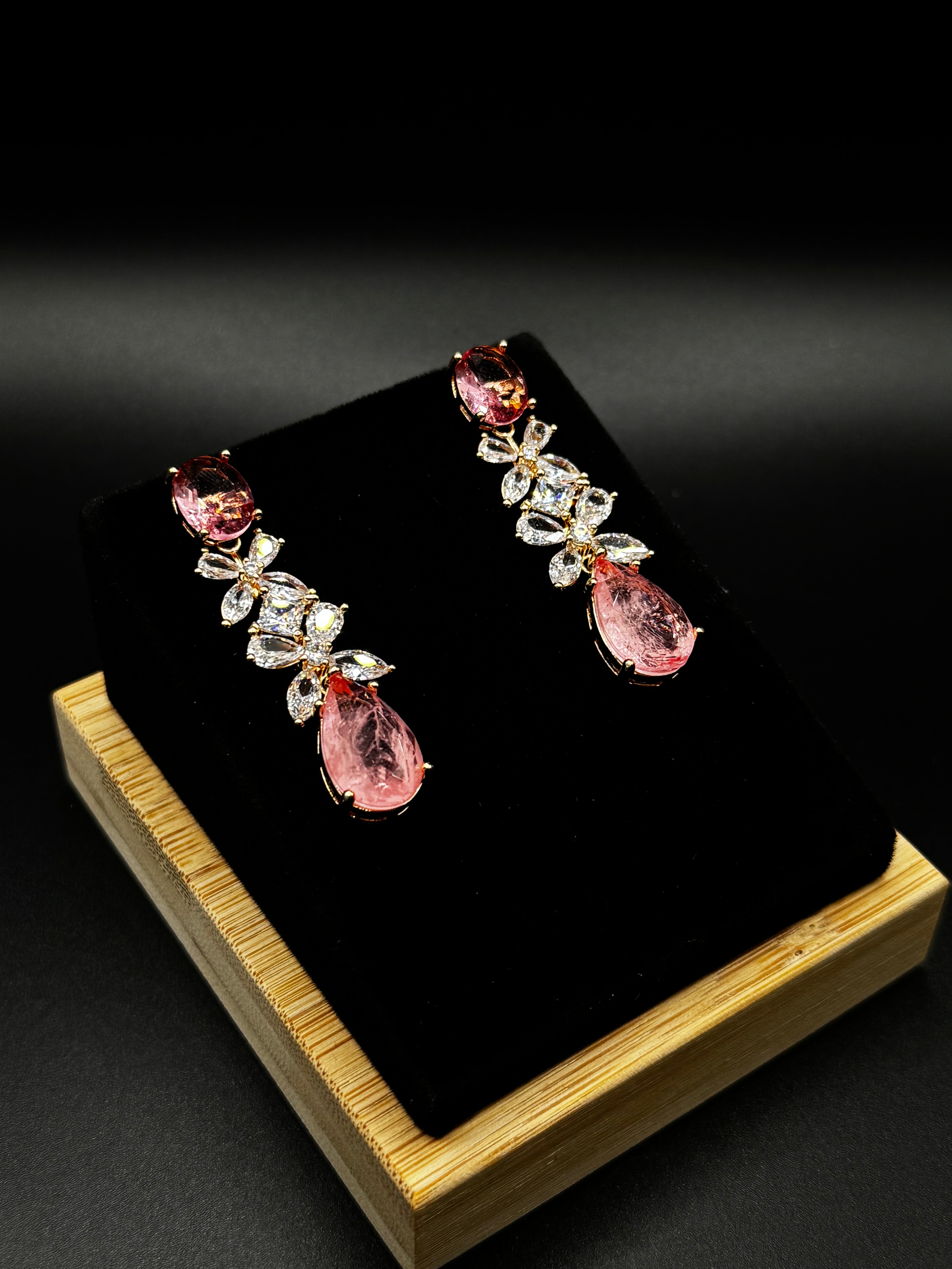 18K Gold-Plated Set with Light Pink Fusion Stone and Crystal Details