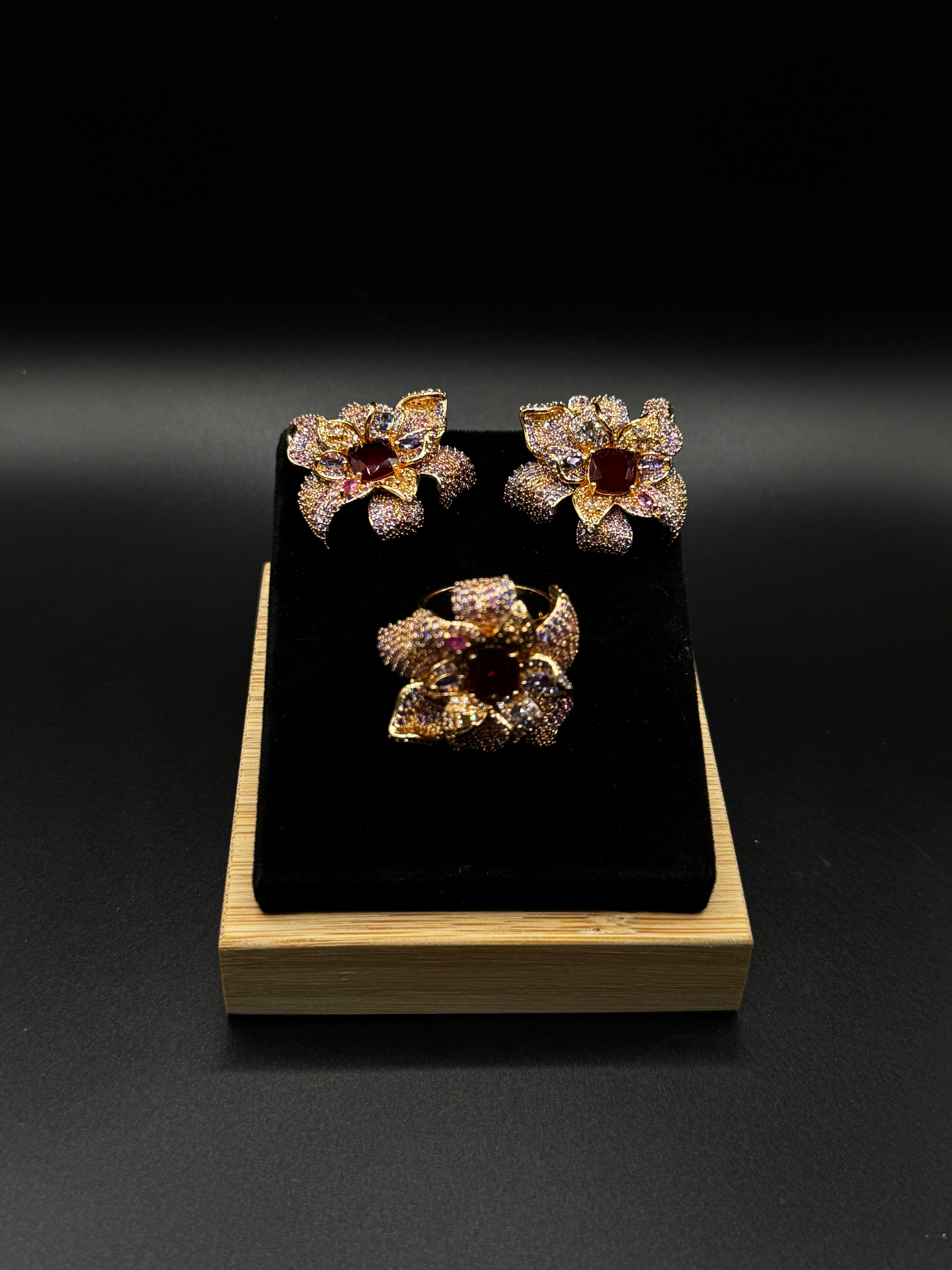Gold-Plated Floral Set with Multicolor Cubic Zirconia