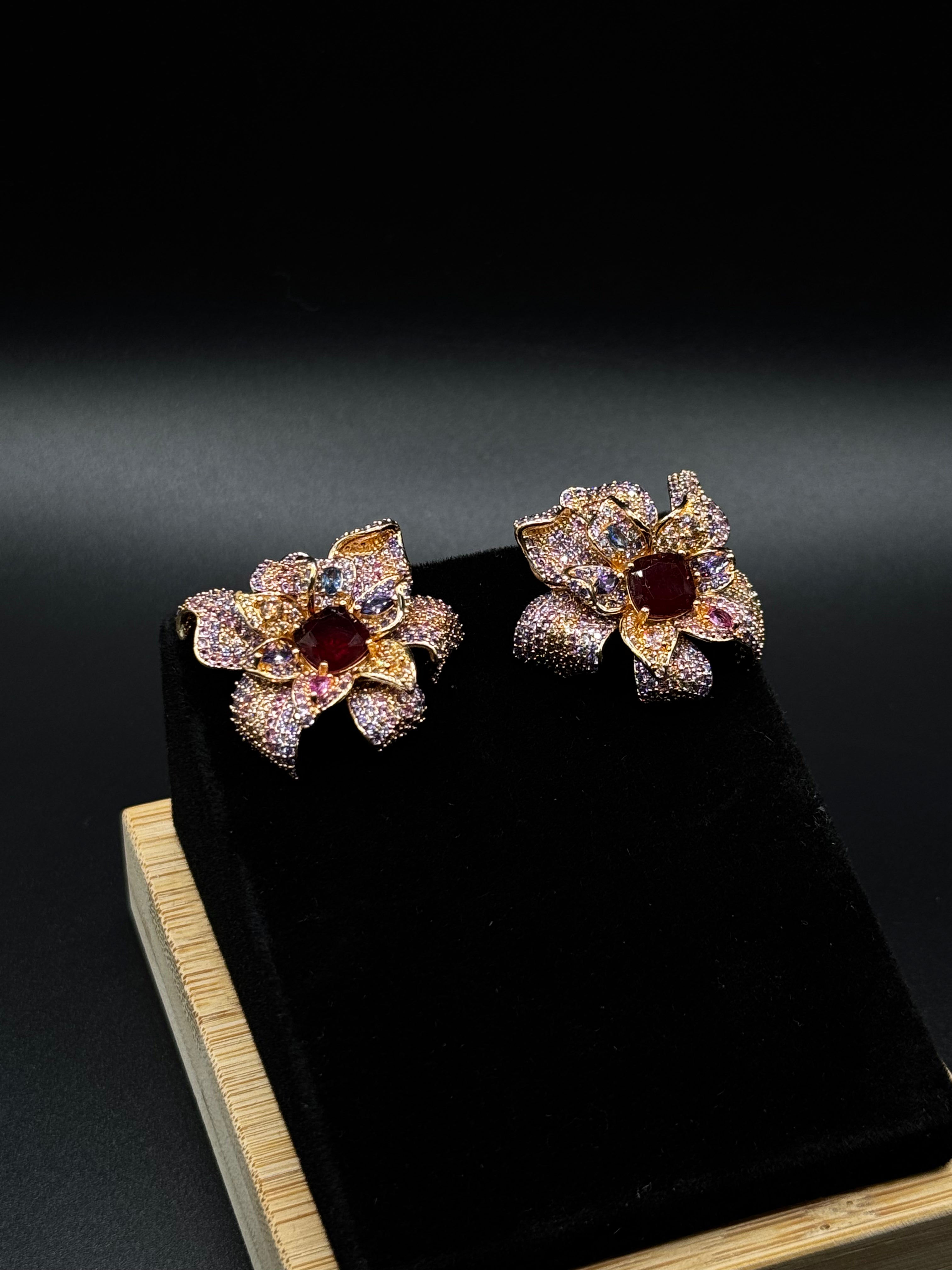 Gold-Plated Floral Set with Multicolor Cubic Zirconia