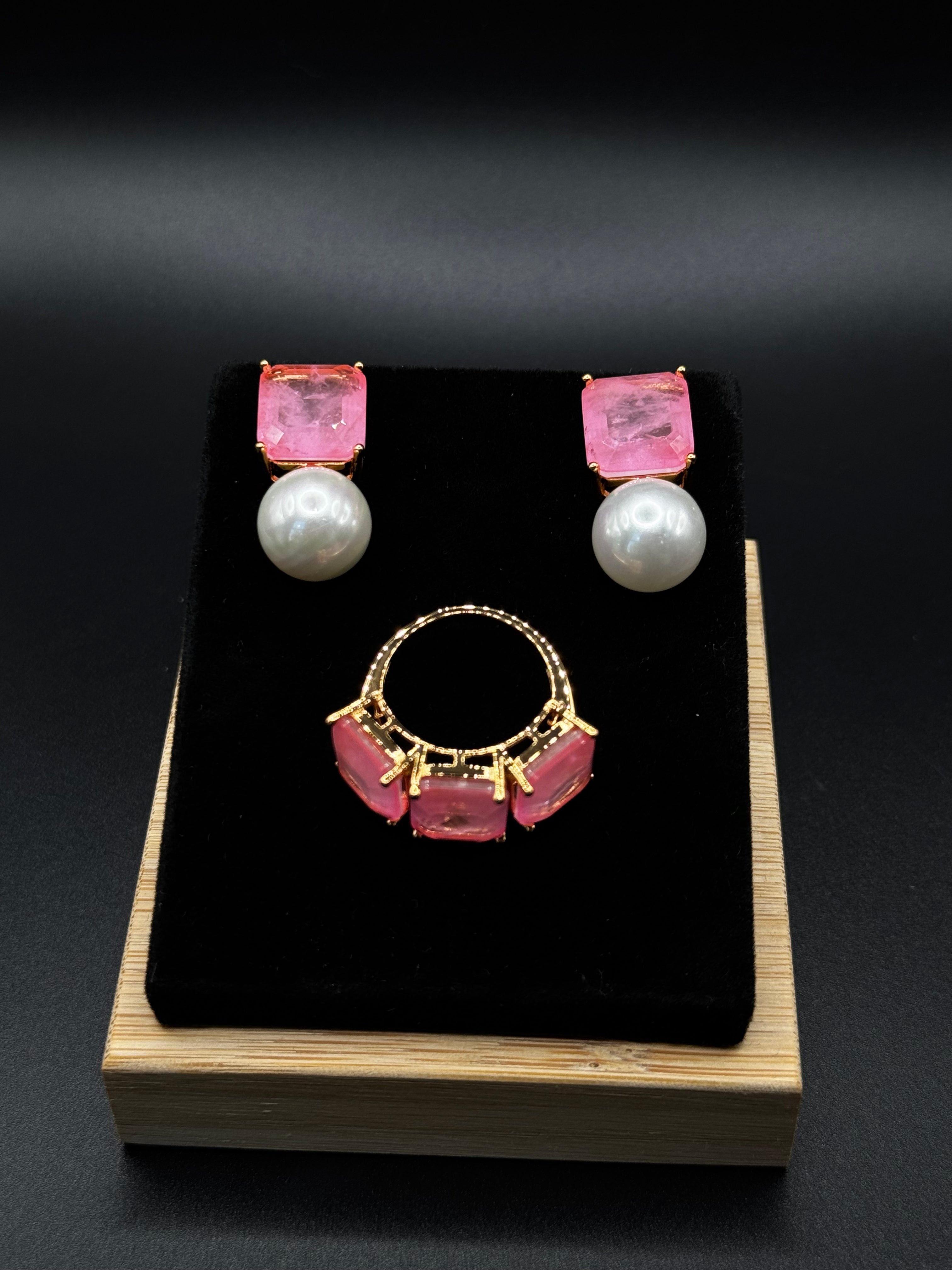 18K Gold-Plated Set with Light Pink Fusion Stone and Pearl Detail