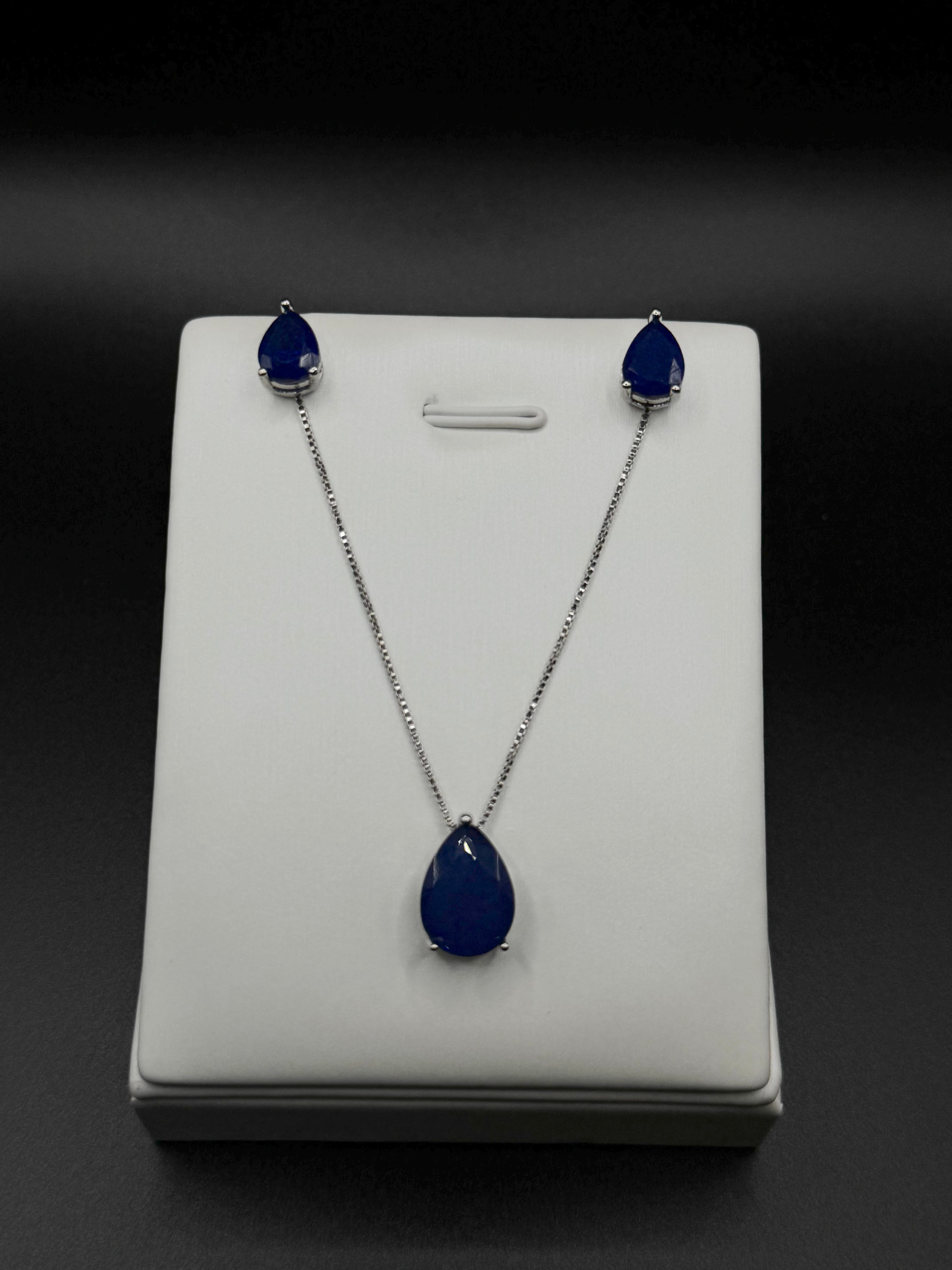 Rhodium-Plated Set with Teardrop Sapphire Fusion Pendant