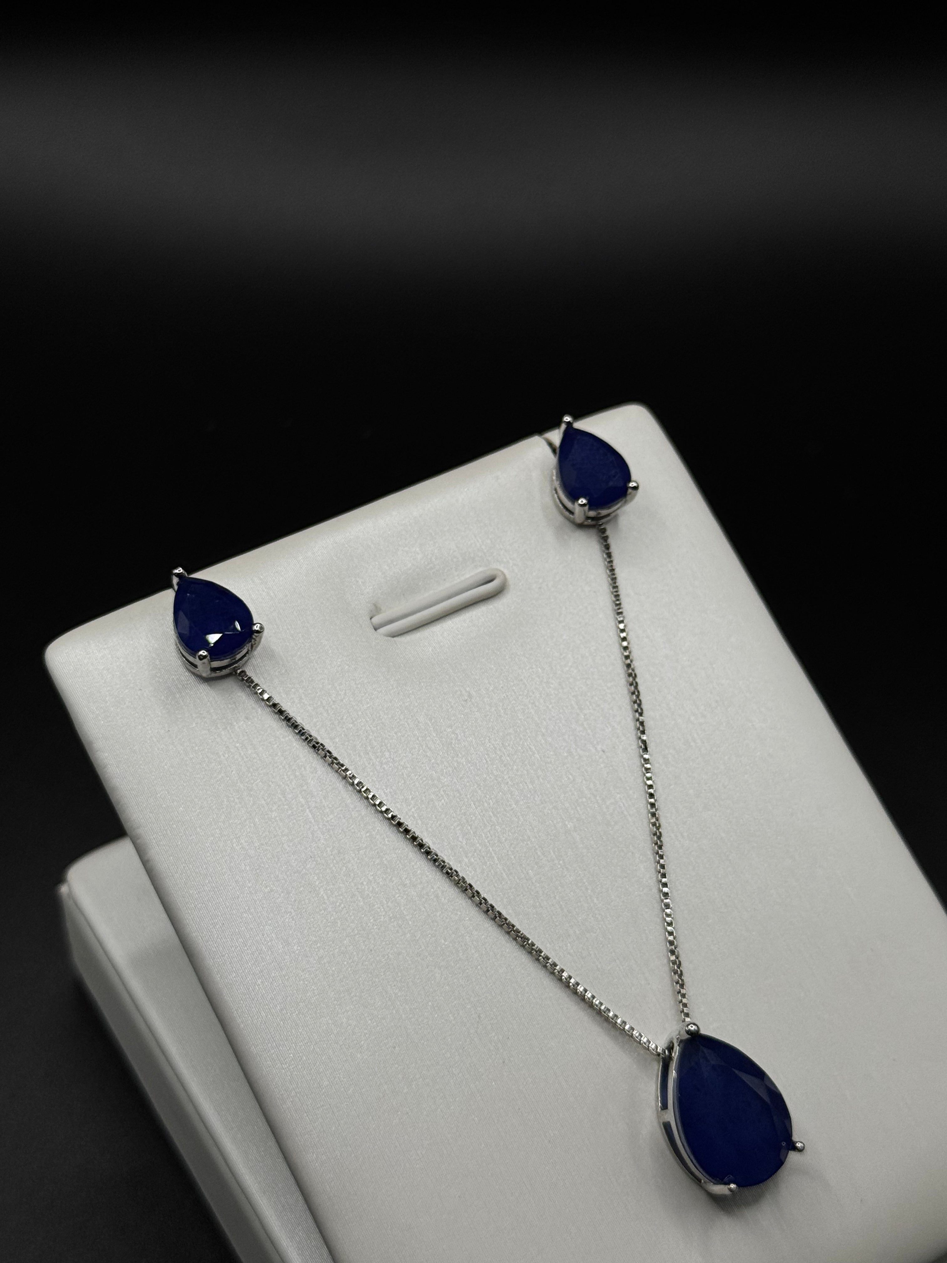 Rhodium-Plated Set with Teardrop Sapphire Fusion Pendant