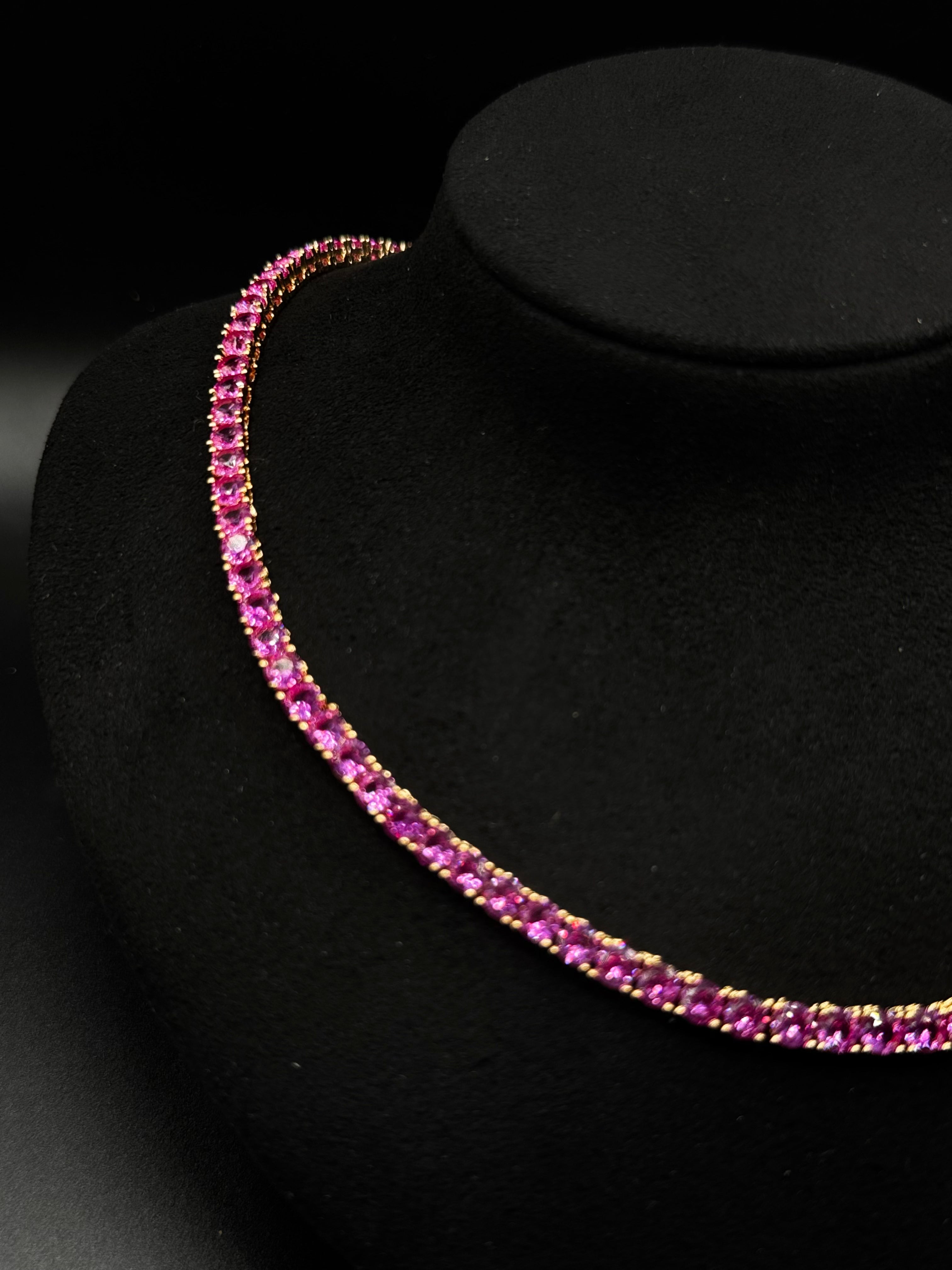 4mm Pink Sapphire Zirconia Riviera Necklace with 4-prong setting, 18k gold-plated, 42 cm