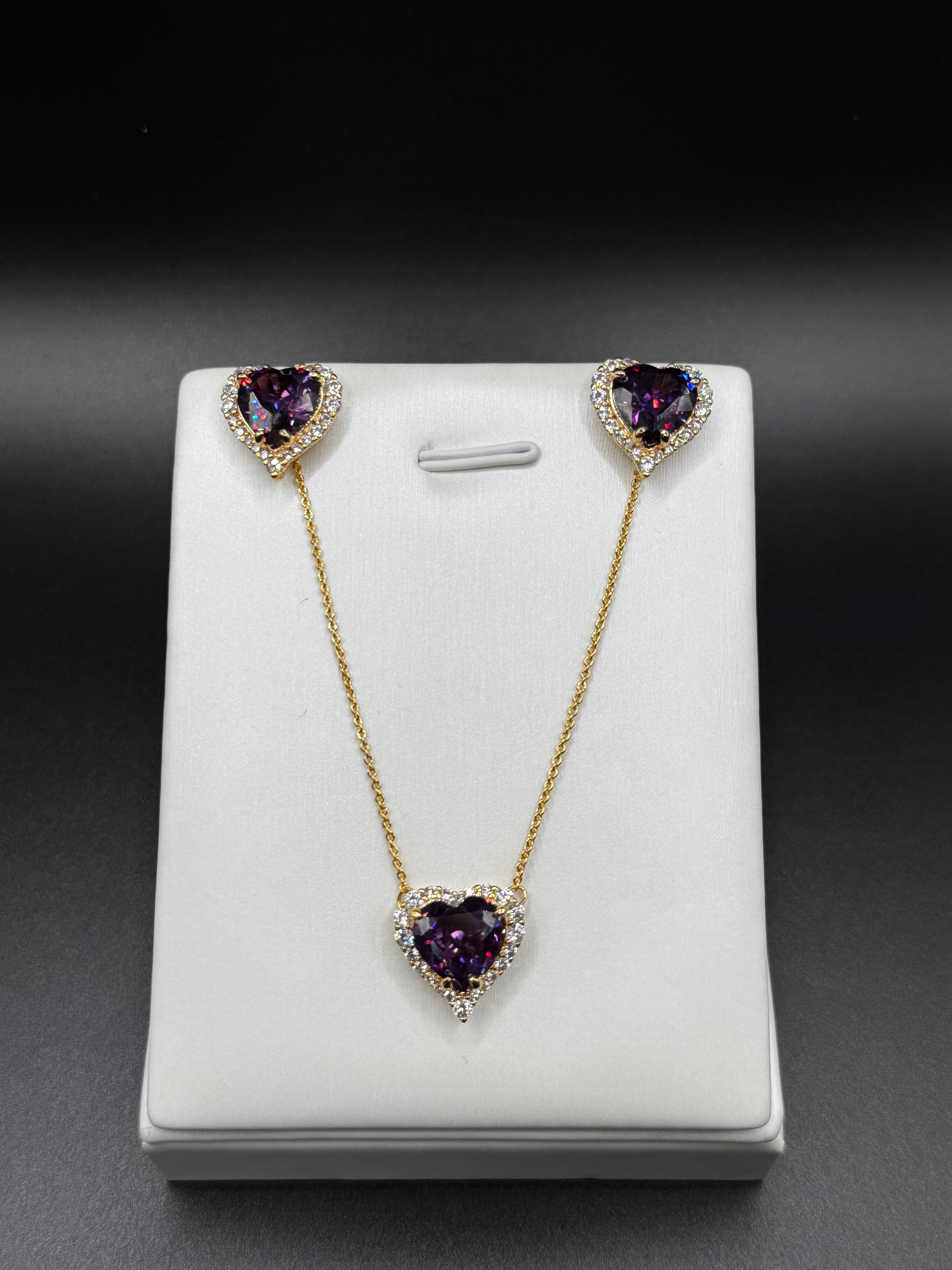 18k gold-plated jewelry set with a heart-shaped amethyst pendant