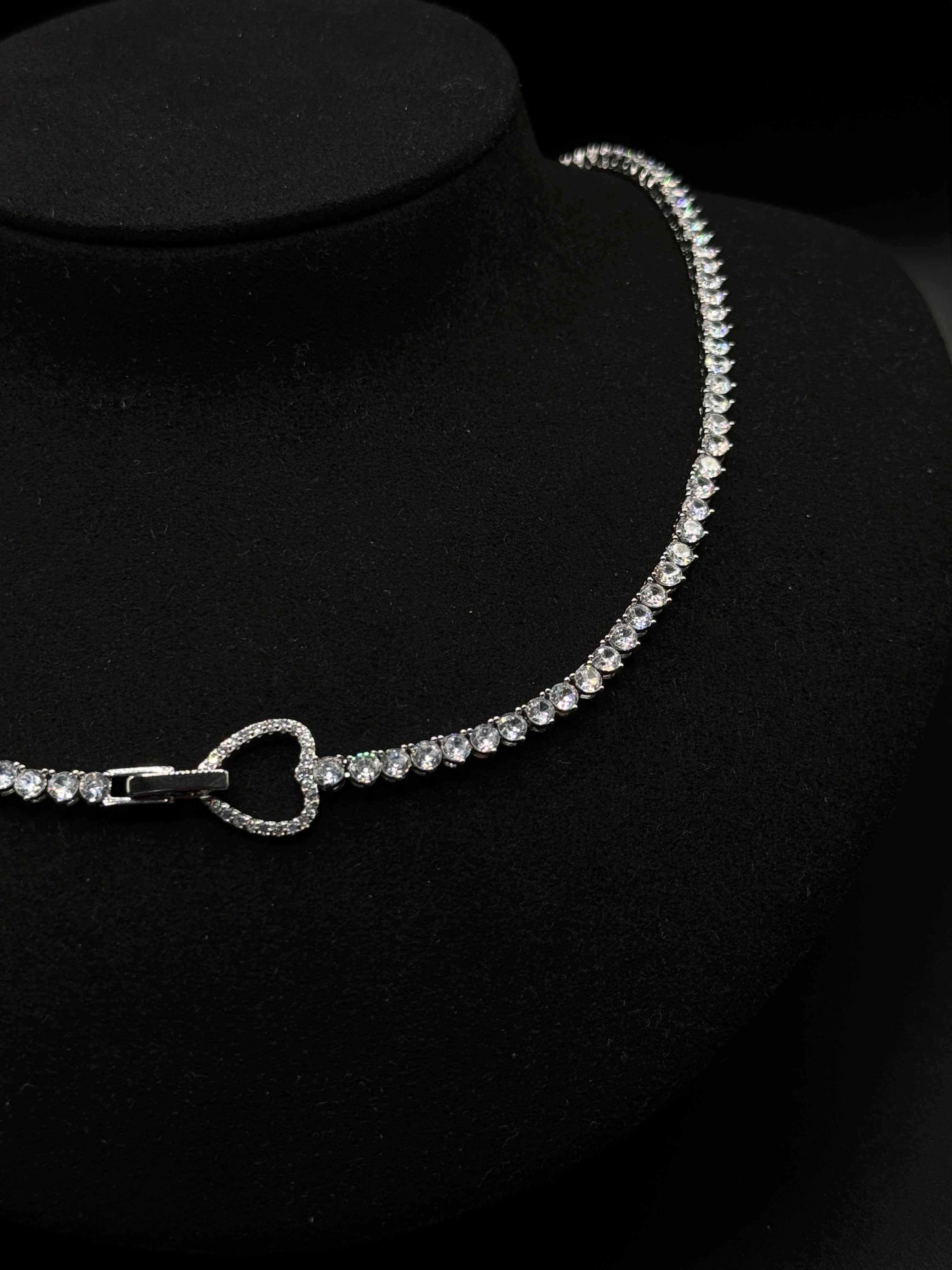 42cm Rhodium-Plated 3mm Clear Cubic Zirconia Riviera Necklace with Three-Prong Setting and Heart Clasp