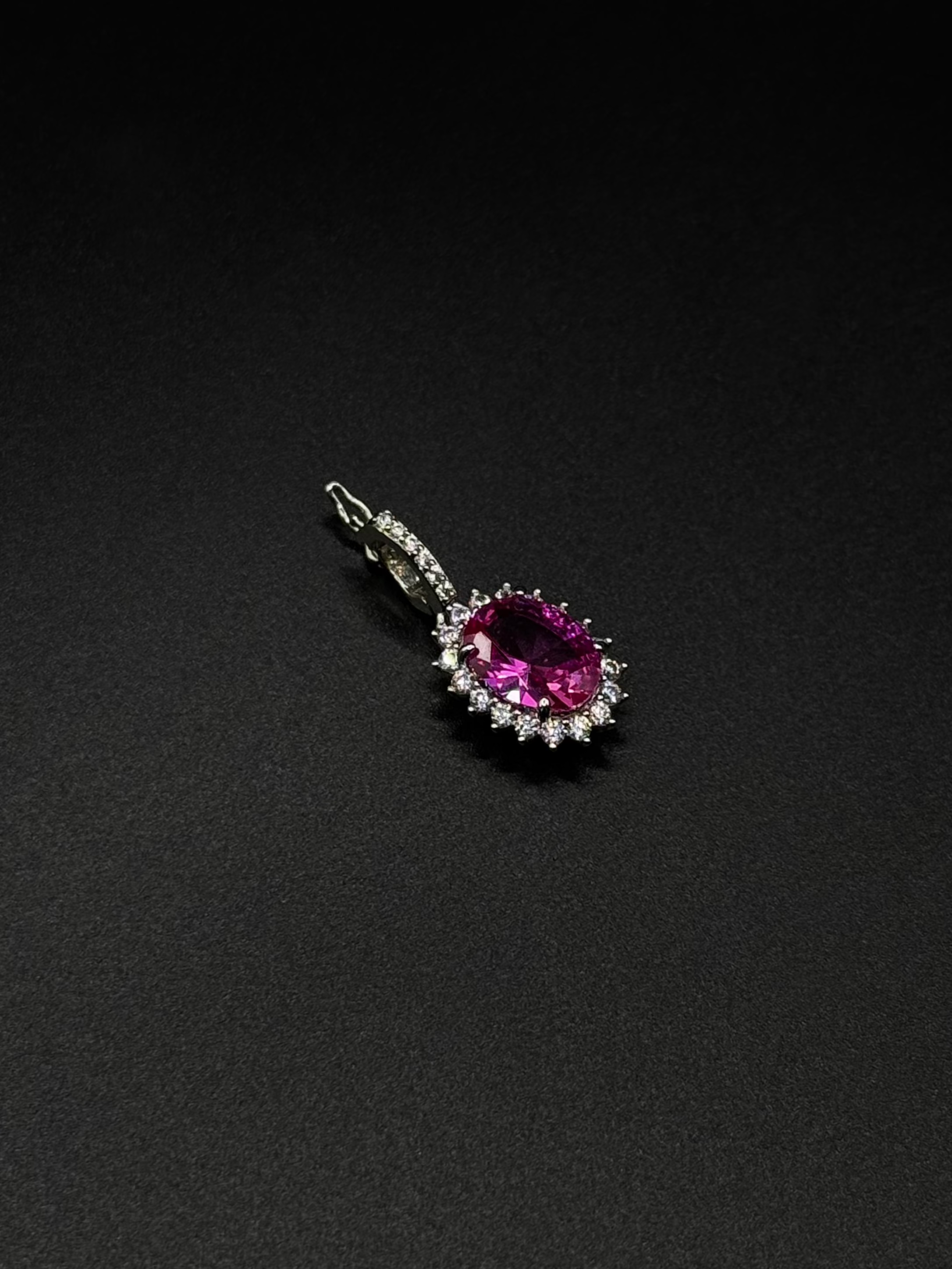 Rhodium-Plated Oval Pendant with Pink Cubic Zirconia