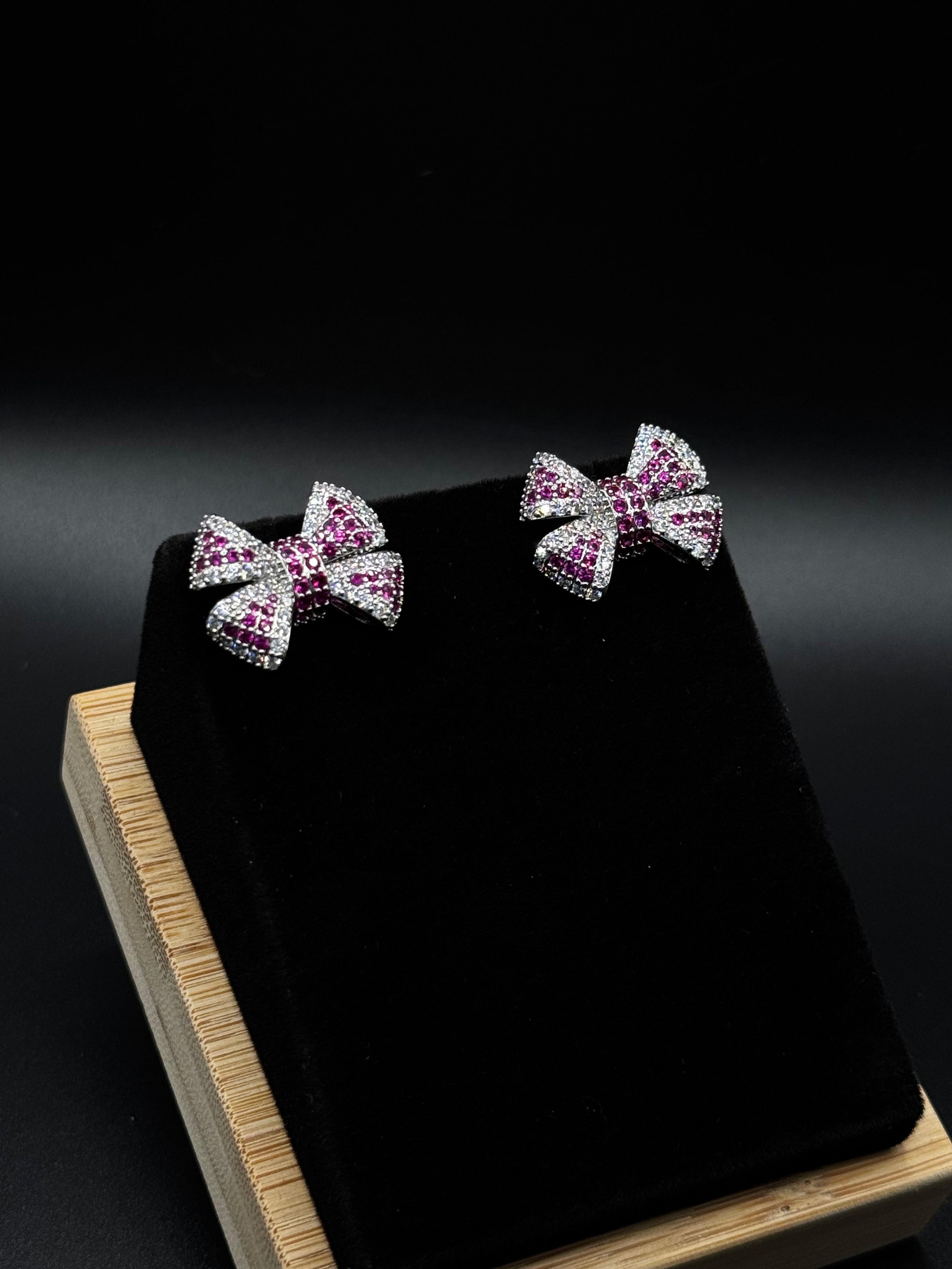 Rhodium-Plated Earrings Paved with Clear and Pink Cubic Zirconia